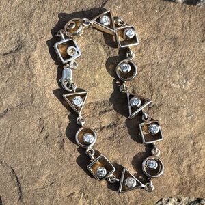 Sterling Silver Geometric Link Bracelet with Clear Stones 925